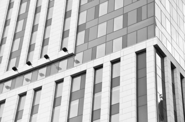 Architectural shot, building facade with windows, black and white