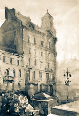 Suluboya çizim, mimari konsept, minimum geometrik şekiller.