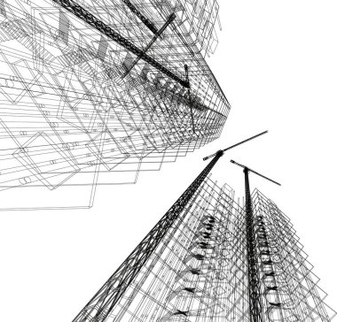 Beyaz zemin üzerine mimari sanat konseptinde soyut çizgiler, minimum geometrik şekiller.