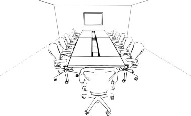 Ofis toplantı odası. İçi büyük masa ve sandalyelerle dolu.