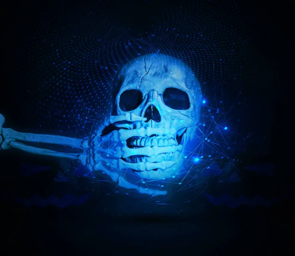 Abstract Shocked Skull on a Cyan network Background