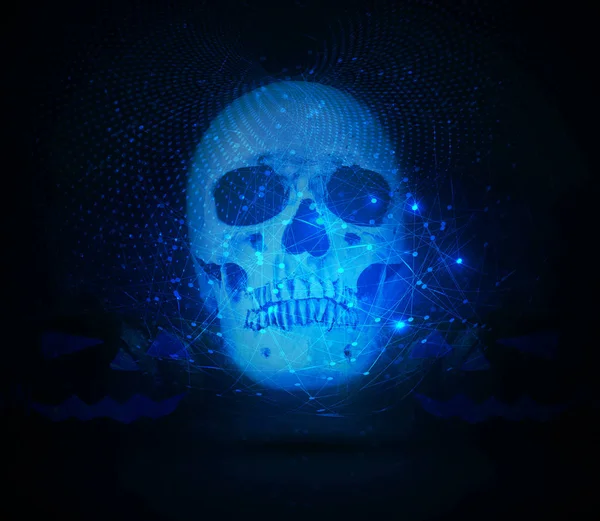 Abstract Neon Ghost Skull on a Cyan network Background