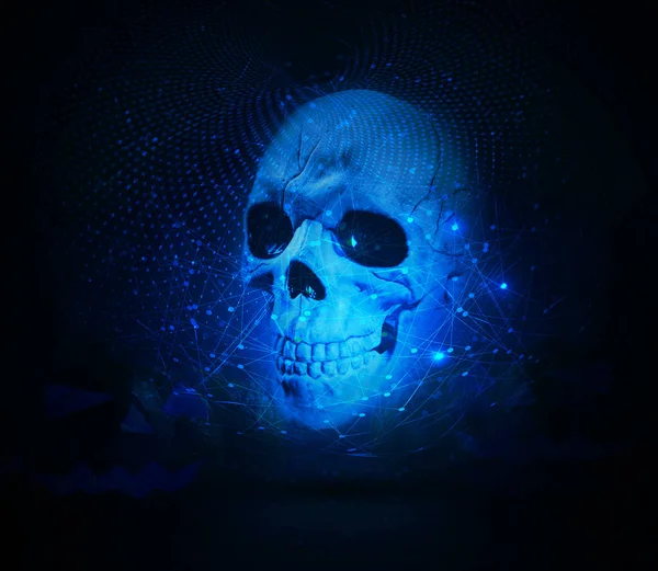 Abstract Glowing Neon Skull on a Cyan network Background