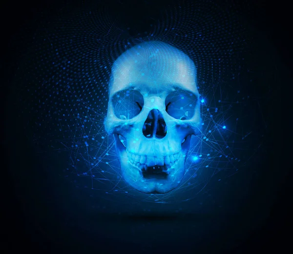 Abstract Artistic Crazy Devil Skull on a Cyan network Background