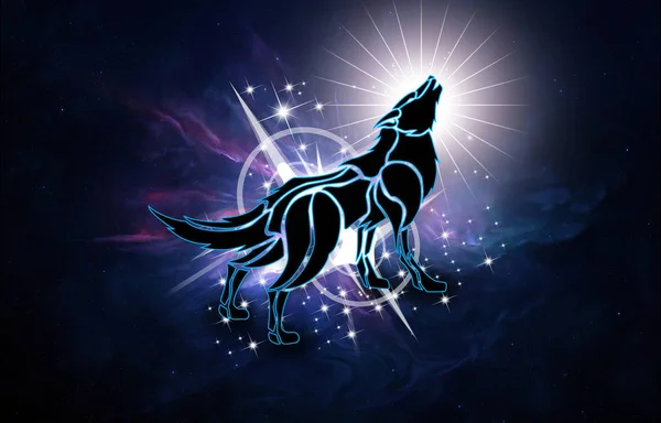 Abstract artistic 3d computer generated illustration of a unique powerful wolf in a nebula galaxy background