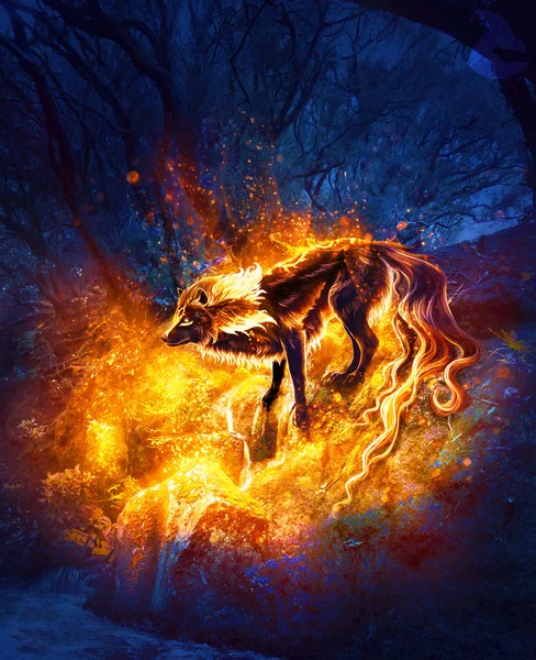 Artistic digital paint of a fiery wolf in an isolated land