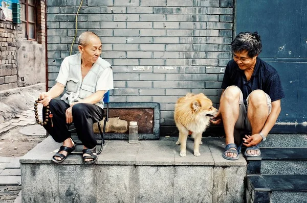Beijing / China - 24 Haziran 2011: iki adam bir geleneksel Çince şehir hutong evlerinde dışında bir köpekle oynayan