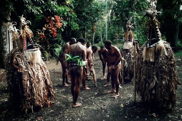 Olal, Ambrym Island / Vanuatu Cumhuriyeti - 10 Temmuz 2016: rom dansçılar ve köy lideri büyülü bir yağmur ormanı kenarında yapıyor