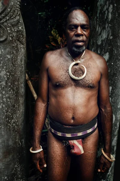 奥拉尔 Ambrym 瓦努阿图 2016年7月10日 在传统历史国际鼓与大猪象牙珠宝和鸡巴隐形前的村庄首领 — 图库照片