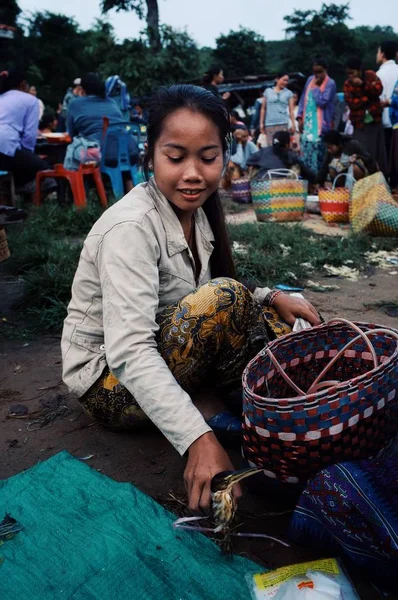 Pakse Laos Lip 2011 Lokalne Młoda Kobieta Sprzedaży Ptaków Rynku — Zdjęcie stockowe