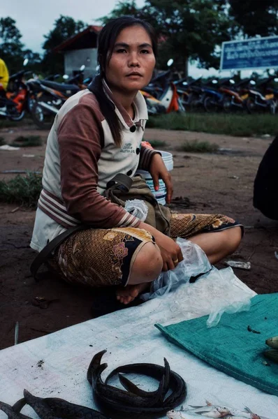 2011年7月06日 当地的年轻妇女卖鱼和鳗鱼在村市场 — 图库照片