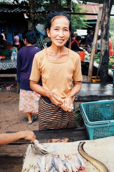 Pakse Laos Jul 2011 Local Woman Selling Fish Eels Village — Stock Photo, Image