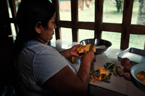 Amboro 国家公园 玻利维亚 2018年10月10日 当地部落女士在雨林之家为传统食品准备蔬菜 — 图库照片