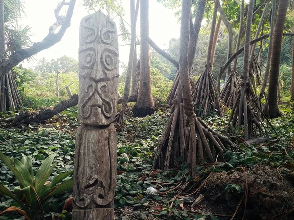 Walarano Köyü, Malekula Island / Vanuatu Cumhuriyeti - 9 Temmuz 2016: köyün dışında bir uyarı işareti olarak ahşap totem heykeli oyulmuş