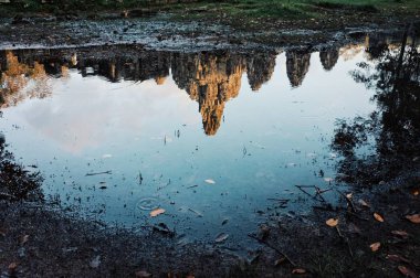 Angkor Wat, Siem Reap / Kamboçya - 22 Ekim 2011: bir altın ışık ve yansıma yağmur suyu küçük gölet havuzunda gün batımında en ünlü Tapınağı