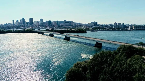 Aerial Drone Image Montreal Bridges Skyscrapers Background Horizon — Stock Photo, Image