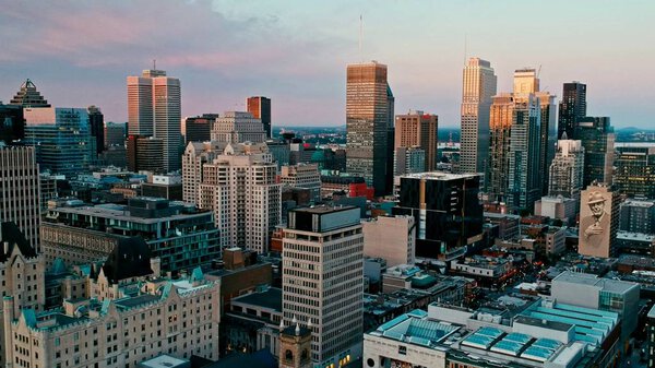 Areal drone image of montreal canada at sunset