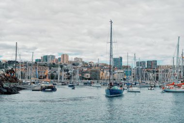 Las Palmas, Gran Canarias, Kanarya Adaları / İspanya - 25 Kasım 2018: Yelkenli tekne güneşli bir günde şehir marina Atlantik geçişi regatta yarış Arc 2018 için gidiyor