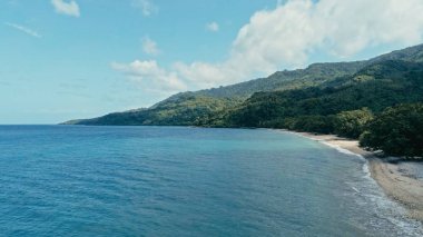 sakin ve sonsuz bir kumsalı ve yemyeşil tropikal yağmur ormanları orman portre dalgalar çökmesini ile gün batımında hava dron gizli bir çarpıcı görüntü güzel uzak okyanus deniz kıyısında rahatlatıcı