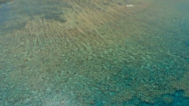 harika bir mercan kayalığı sakin hava düz su ve inanılmaz renkli deniz okyanus yatağına küçük bir uzaktan izole tropikal ada etrafında çarpıcı havadan dron görüntü