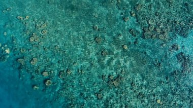 harika bir mercan kayalığı sakin hava düz su ve inanılmaz renkli deniz okyanus yatağına küçük bir uzaktan izole tropikal ada etrafında çarpıcı havadan dron görüntü