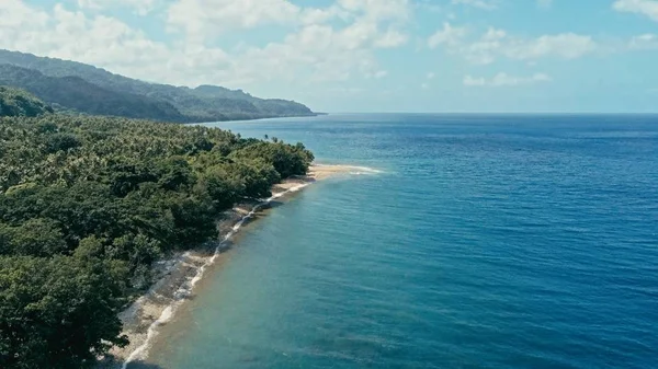 Hava dron görüntü kumlu plaj sahil ve güzel okyanus deniz deniz manzarası ve yemyeşil tropikal yağmur ormanları orman ile uzak bir Güney Pasifik Adası