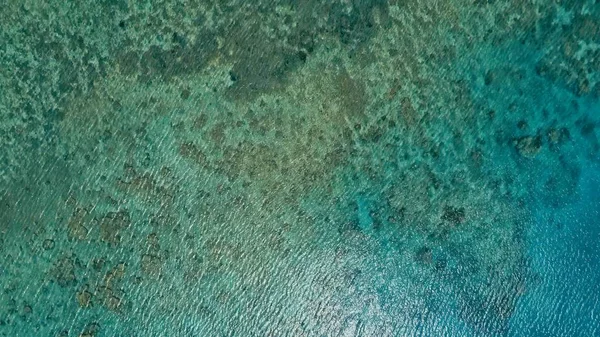 harika bir mercan kayalığı sakin hava düz su ve inanılmaz renkli deniz okyanus yatağına küçük bir uzaktan izole tropikal ada etrafında çarpıcı havadan dron görüntü
