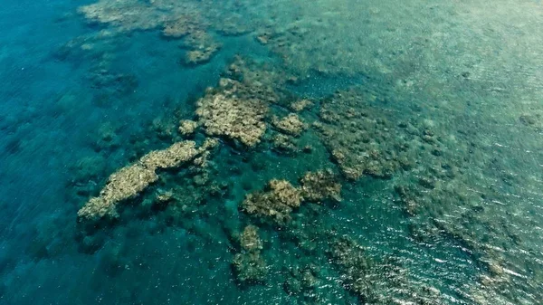穏やかな天候の平らな水と小さなリモート隔離された熱帯の島のまわりの信じられないほどのカラフルな海海底で素晴らしいサンゴ礁の見事な空中ドローン イメージ — ストック写真