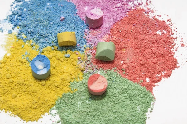 Chalks Variety Colors White Background Chalk Powder Education Arts Creative — Stock Photo, Image