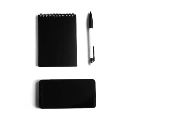Black White Concept Business Concept Mobile Phone Notebook Pen White — Stock Photo, Image