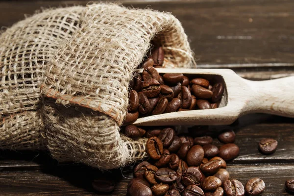 Coffee Beans Hemp Bag Brown Wood Background — Stock Photo, Image