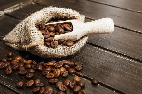 Coffee Beans Hemp Bag Brown Wood Background — Stock Photo, Image