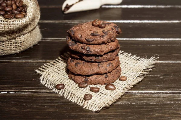 Stacked Chocolate Chip Cookies Brown Wood Background Concept Tasty Snack — Stock Photo, Image