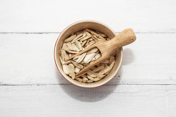 Semillas Girasol Blanco Tostadas Saladas Tarro Sobre Fondo Blanco Madera — Foto de Stock