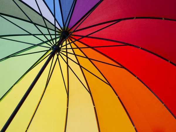 Colorful rainbow umbrella, multicolored background.
