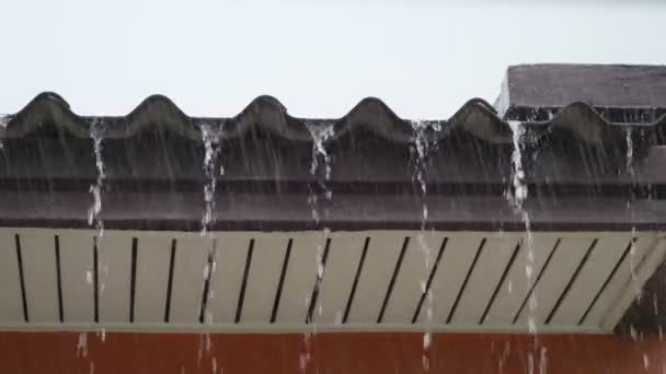 雨期の雷雨の後に家の屋根から注がれたクローズアップ雨 — ストック動画