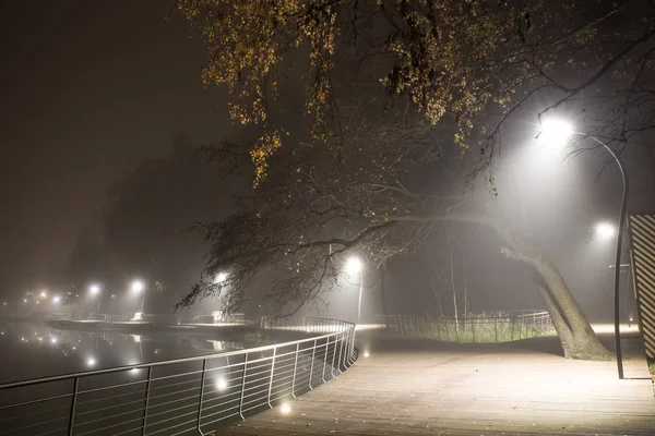 Paisaje Nocturno Terraplén Del Río Pekhorka Niebla Fría Otoño — Foto de Stock