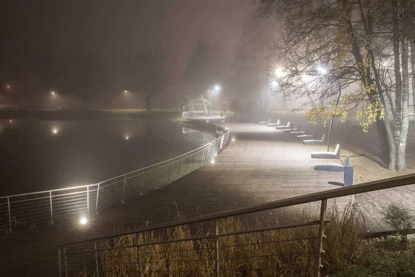 Ночной Пейзаж Набережной Реки Пехорки Холодном Осеннем Тумане — стоковое фото