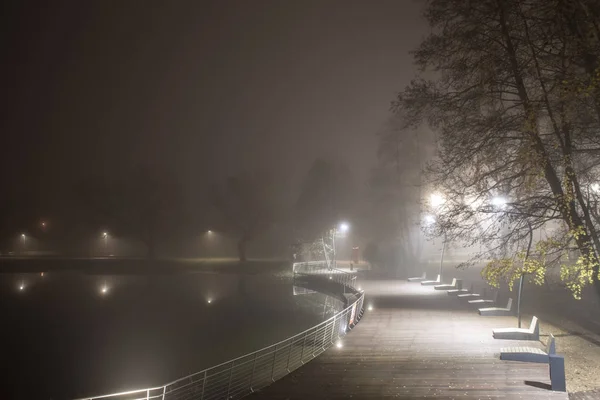 夜风景在 Pekhorka 河路堤在冷的秋天雾 图库照片