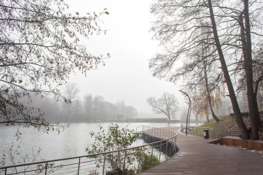 Pekhorka Nehri setin sonbahar puslu peyzaj