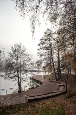 Pekhorka Nehri setin sonbahar puslu peyzaj