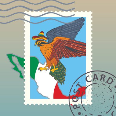 Postage stamp with falcon bird, vector, illustration clipart