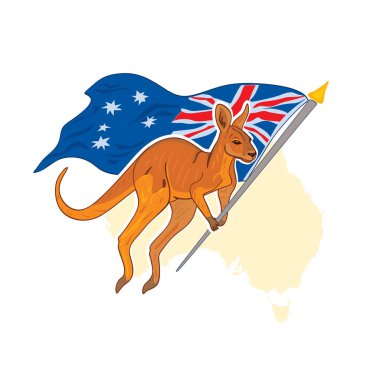 Kanguru ve Avustralya bayrağı ile harita, vektör, illüstrasyon kart