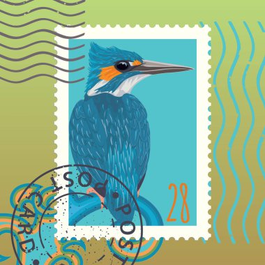 Postage stamp with kingfisher bird, vector, illustration clipart