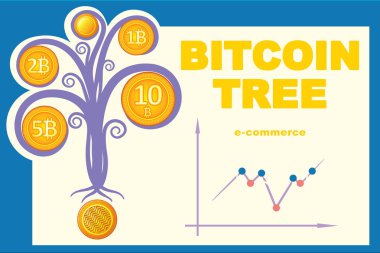 Sunu şablonu ile bitcoin para ağacı altın sikke ve grafik, vektör, illüstrasyon  
