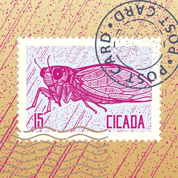 Francobollo Con Cicala Bug Vettore Illustrazione — Vettoriale Stock