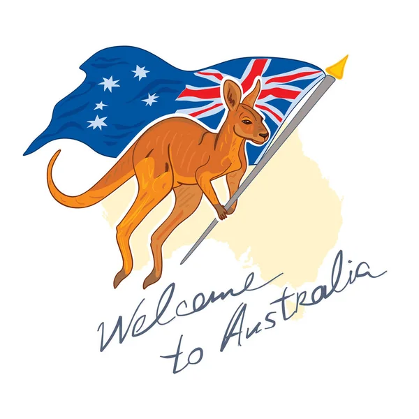 Greeting Card Kangaroo Flag Text Welcome Australia Vector Illustration — Stock Vector