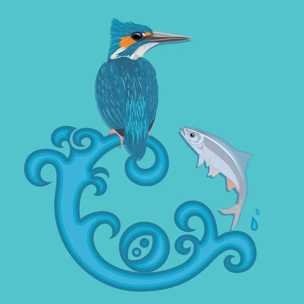 Martin Pêcheur Dessiné Main Oiseau Sur Vague Bleue Poisson Vecteur — Image vectorielle