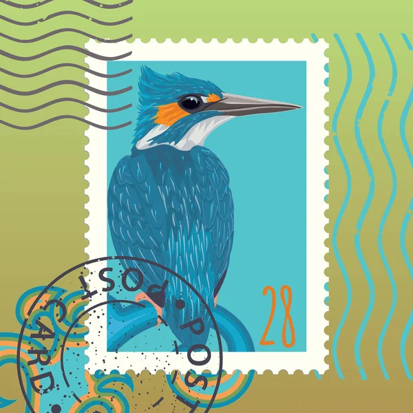 Поштова Марка Птахом Короля Рибалки Вектор Ілюстрація — стоковий вектор