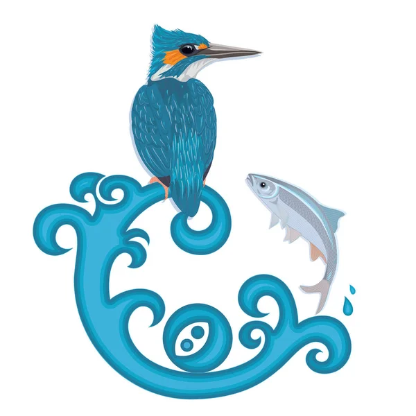 Hand Dras Kingfisher Fågel Blue Wave Och Fisk Vektor Illustration — Stock vektor